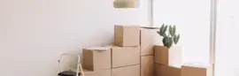 Brown cardboard boxes stacked against a white wall.